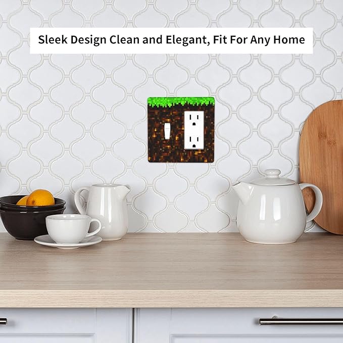 Light Switch Cover Pixel Grass Block 2 Gang Toggle Rocker Combo Socket Cover Wall Plates Decorative Switch Plates and Outlet Covers for Kids Room Home Decor