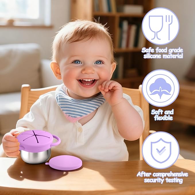 Mity rain Stainless Steel Snack Containers for Toddlers with Spill-Proof Silicone Lids Handles - 3-in-1 Baby Snack Cups, No-Spill Toddler Snack Box (Blue+Purple, Two piece set)