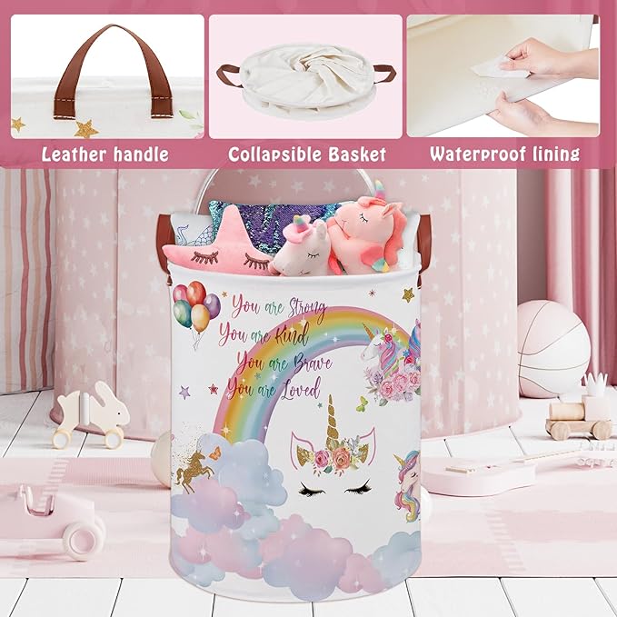 Unicorn Room Decor Kids Laundry Basket, Rainbow Cloud Toy Box for Girls,Pink Toddler Laundry Hamper Storage Bin,Cute Shelf Basket Clothes Book Toy Box Bin for Bedroom Bathroom(Cloud Unicorn)