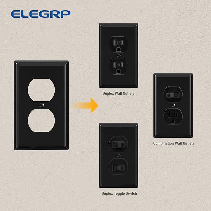 ELEGRP Duplex Receptacle Outlet Covers, 1-Gang Standard Size Wall Plates, Unbreakable Polycarbonate Dual Outlet Faceplates Covers, UL Listed, Color-matched Screws Included (1 Pack, Glossy Black)