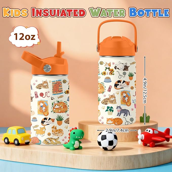 Cat Gifts for Kids - 12 Oz Orange Cat Water Bottle with Straw Lid, Stainless Steel Insulated Tumbler, Leak Proof, for Boys & Girls, School, Travel - Funny Cats Lovers Children Birthday Gifts Cups(1pc)