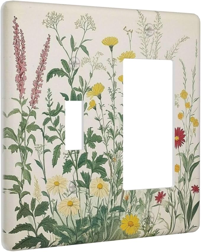 Rustic Wildflower Green Plants Daisy Floral Outlet Covers 1 Toggle 1 Rocker Combination Decorative Wall Plate Electrical Switch Plates Light Switch Cover Plate For Farmhouse Bed Room Decor