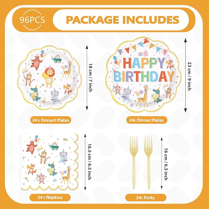 96Pcs Animal Parade Birthday Decorations Circus Carnival Plates and Napkins Circus Animals Birthday Decorations Favors for Kids Boys Girls Baby Shower Festive Circus Theme Party Supplies Serves 24