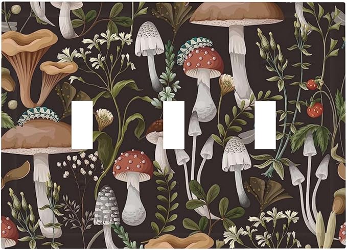 Cute Funky Black Boho Hippie Bohemian Mushroom Vintage Aesthetic Botanical Plant Floral Leaves 3 Gang Three Device Mid Size Plug Socket Wall Plate Triple Toggle Outlet Light Switch Plate Cover Dimmer