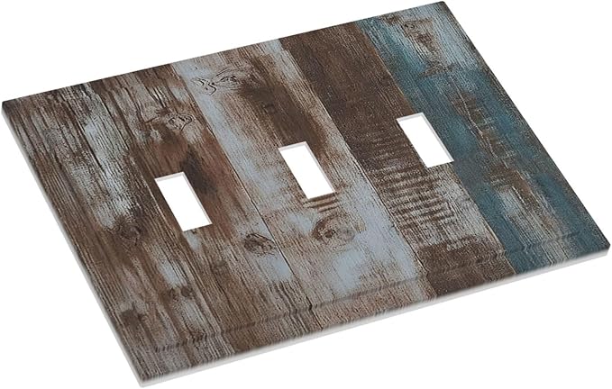 Vintage Blue Brown Wood Grain Decorative Switch Plates 3 Gang Wall Plate Faceplate Electrical Wall Panels Triple Toggle Light Switch Cover for Bedroom Farmhouse Decor