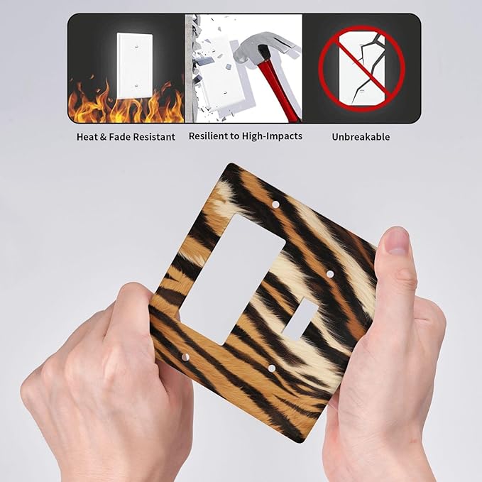 Tiger Texture Wild Animal Skin Pattern Print Outlet Covers 1 Toggle 1 Rocker Combination Decorative Wall Plate Electrical Switch Plates Light Switch Cover Plate for Kids Room Office Decor