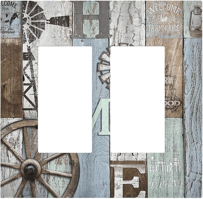 Rustic Western Barn Door Vintage Windmill Decorative Outlet Covers 2 Gang Double GFCI Rocker Electrical Wall Panels Light Switch Cover Plate for Farmhouse Home Decor