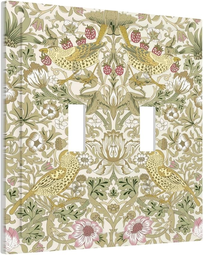 William Morris Vintage Strawberry Bird Botanical Decorative Switch Plates 2 Gang Double Toggle Outlet Light Switch Cover Wall Plate Electrical Faceplate for Farmhouse Home Decor