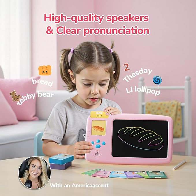 Talking Flash Cards for Toddlers: 2-in-1 LCD Writing Tablet with 510 Sight Words, Montessori Language Learning, Autism & Speech Therapy Toys for Children Ages 1-6, Pink