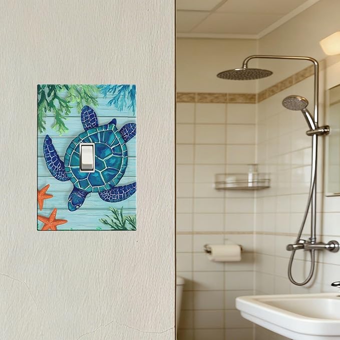 Coastal Sea Turtle 1-Gang Toggle Light Switch Plate, Mosaic Starfish Nautical Ocean Theme Decorative Wall Plate for Coastal Homes