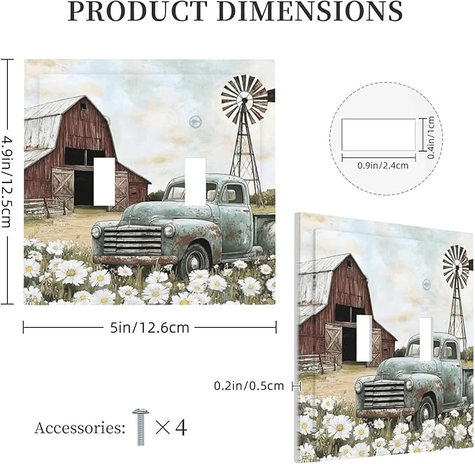 Retro Trucks Old Barn Windmill Teal Car Rustic Decorative Switch Plates 2 Gang Double Toggle Outlet Light Switch Cover Wall Plate Electrical Faceplate for Farmhouse Home Decor