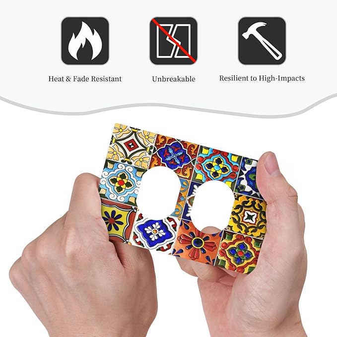 Vintage Colorful Boho Mexican Moroccan Tile Outlet Covers 1 Gang Duplex Light Switch Cover Decorative Switch Plates Electrical Receptacle Faceplate Wall Plate for Farmhouse Home Decor