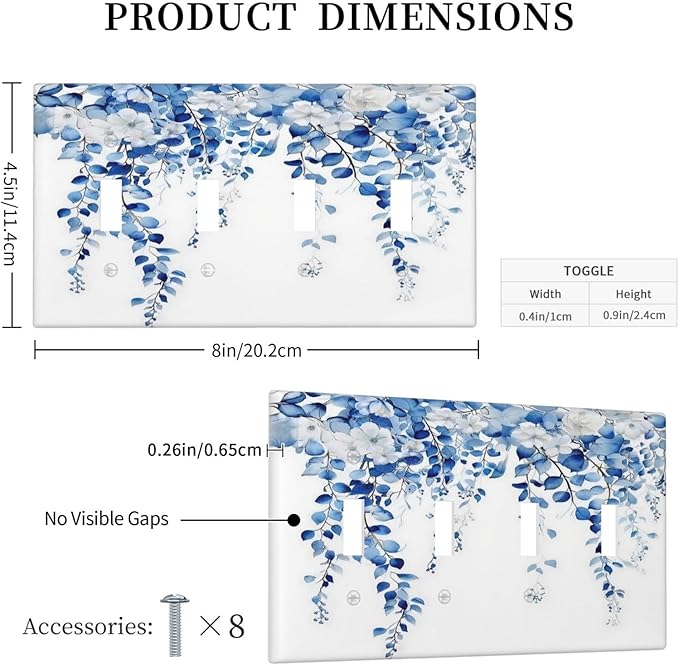 Blue Eucalyptus Leaves Floral Vine Flower Light Switch Covers Quad Toggle Electrical Faceplate 4 Gang Wall Plate Decorative Switch Plates for Bedroom Living Room Decor