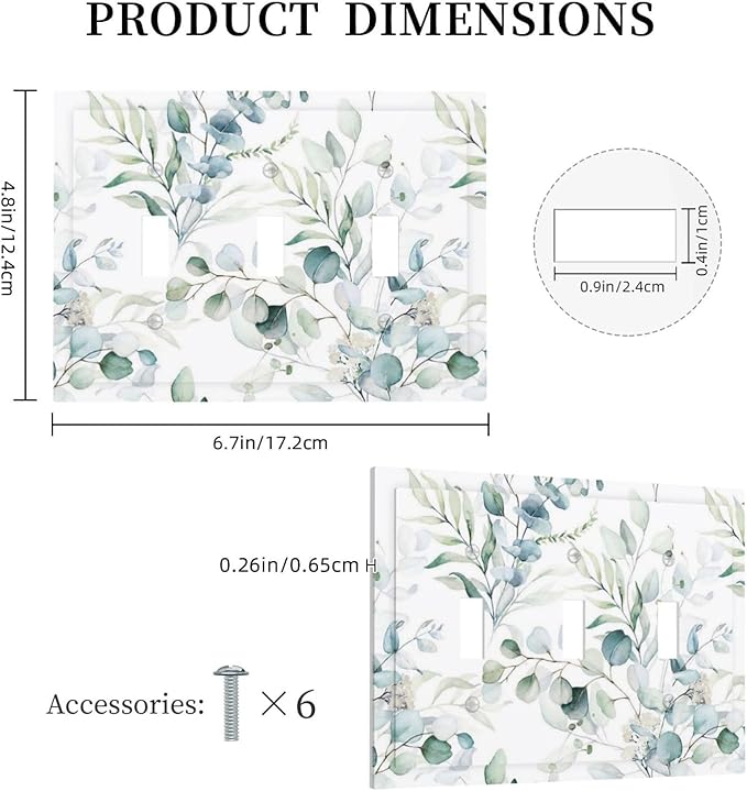 Watercolor Spring Eucalyptus Green Saga Leaves Nature Plant Botanical Decorative Three Device Decorator Outlet Light Switch Wall Plate Cover 3 Gang Jumbo Size Triple Toggle Receptacle Faceplate Cover