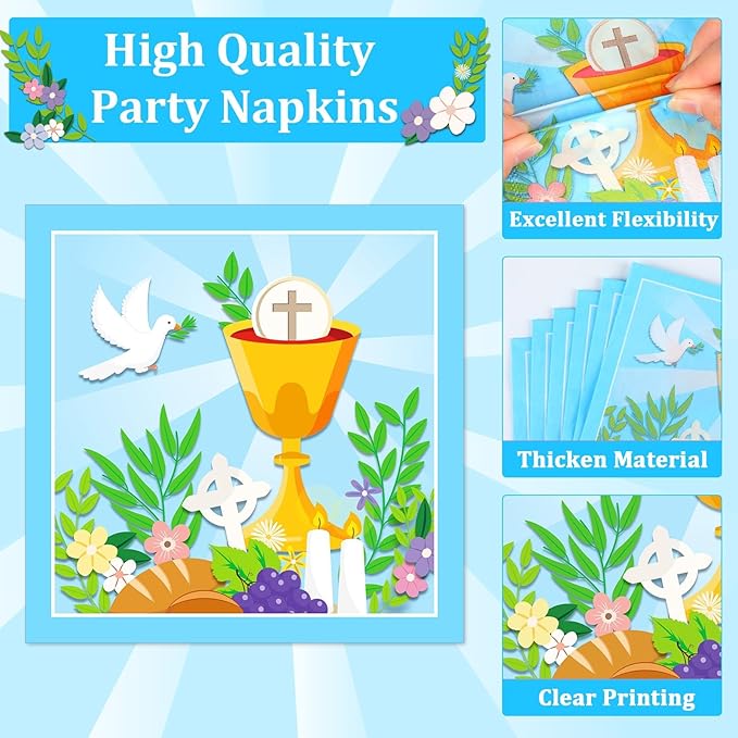 Qyeahkj 100 Pcs Baptism Plates and Napkins, First Holy Communion Party Blue Paper Disposable Tableware Decorations for Boys God Bless Decor for Christening Celebration Party Baby Shower, Serves 25