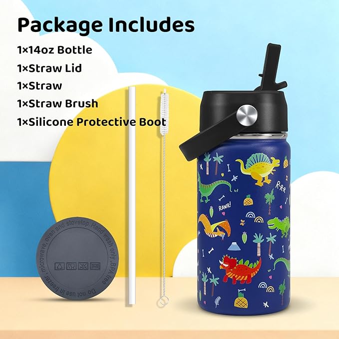 Dinosaur Kids Water Bottle With Straw Lid,14 oz Stainless Steel Travel Bottle,Double Wall Leak Proof Kids Cup,Insulated Tumbler for Toddlers,Metal Bottle for School Boys Girls