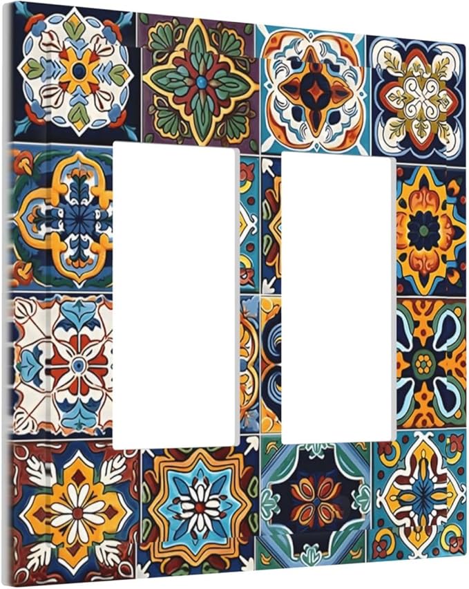 Mexican Talavera Tiles Floral Decorative Outlet Covers 2 Gang Double GFCI Rocker Electrical Wall Panels Light Switch Cover Plate for Bathroom Kitchen Decor