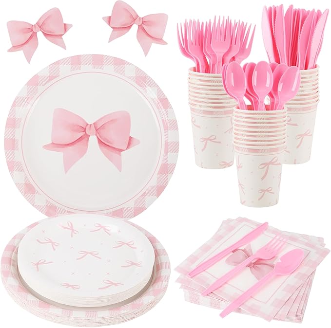 Coquette Birthday Decorations,210 Pcs Pink Bow Party Plates Napkins Cups Forks Spoons Knives Tableware Sets for Girls Birthday Party Decor,Serves 30