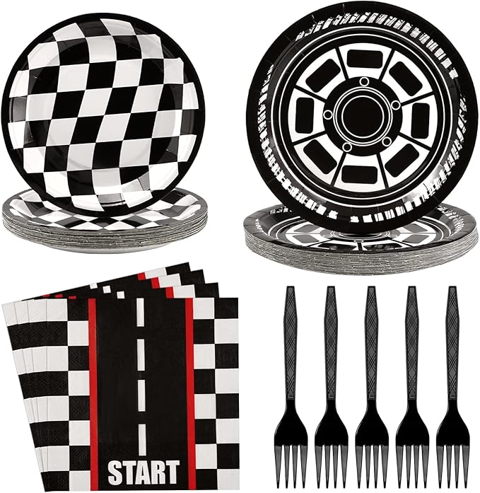 Grencian 96Pcs Race Car Party Decorations Race Car Plates and Napkins Disposable Racing Themed Paper Plates Tableware Set for Boys Kids Birthday Baby Shower Party Supplies, Serve 24