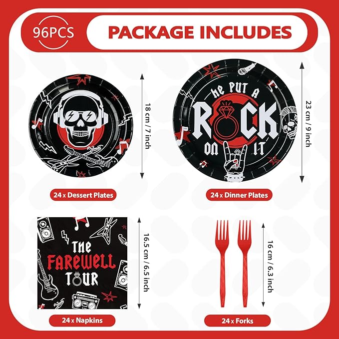 96Pcs Rock and Roll Party Decorations He Put A Rock On It Plates and Napkins Rock N Roll Tableware Sets for Boys Girls Bachelor Rockstar Guitar Music Theme Born to Rock Party Decorations Supplies