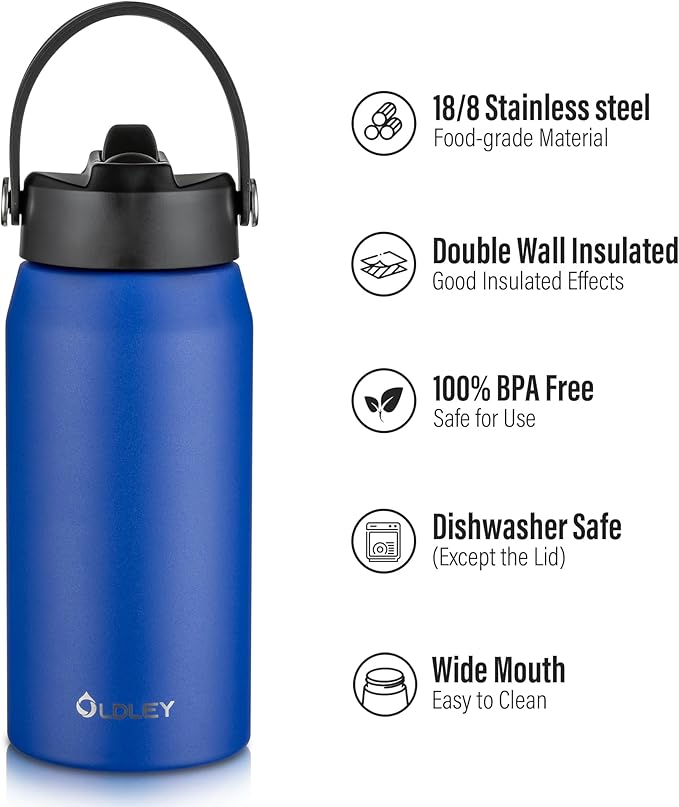 Oldley 18oz Insulated Water Bottle with Straw, Stainless Steel Water Bottle for Sports, Travel, School, BPA-Free Sports Bottles for Adult Kids, Leak-Proof, Klein Blue