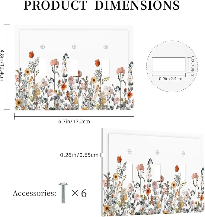 Decorative Switch Plates Colorful Wildflowers Boho Vintage Floral 3 Gang Wall Plate Triple Toggle Light Switch Cover Faceplate Electrical Wall Panels For Bed Room Living Room Decor