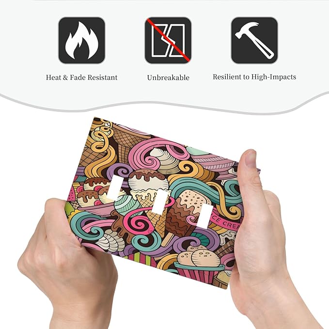 Cartoon Hand Drawn Ice Cream Doodles Colorful Print Decorative Switch Plates 3 Gang Wall Plate Triple Toggle Light Switch Cover Faceplate Electrical Wall Panels for Kids Room Nursery Decor