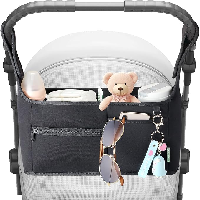 Stroller Organizer, New Fabric Design, Holds 2 Cup Holders for Baby Products, Multiple Pockets for Storing Diapers and Toys, Suitable for All Off-Road Models