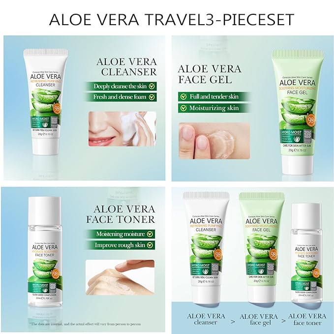 Aloe Vera Skin Care Travel Kit,3 Piece Skincare Essentials Set Mini Travel Size,Soothing and Hydrating After Sun,for Women and Teenage Girls- Travel Essentials Gift Set