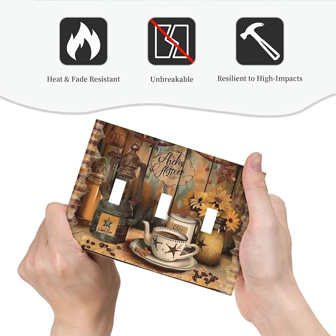 Decorative Switch Plate Covers Vintage Coffee Pot Star Farmhouse Wood Plank 3 Gang Wall Plate Light Switch Cover Plate Triple Toggle Jumbo Electrical Faceplate for Bedroom Kitchen Decor