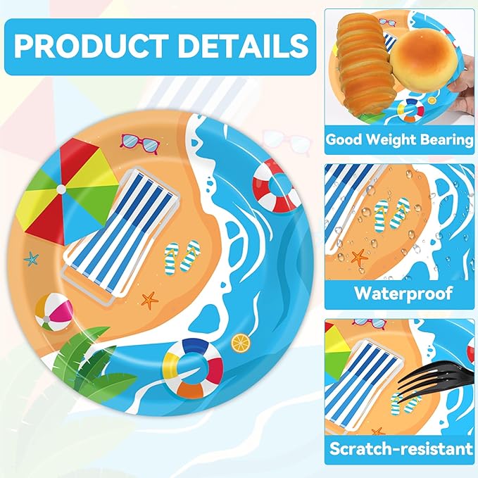 Qyeahkj 48Pcs Summer Beach Paper Plates and Napkins, Hawaiian Beach Theme Party Decorations, Hawaiian Pool Party Supplies, Summer Platters Disposable Tableware for Baby Shower Boys Girls Serves 24