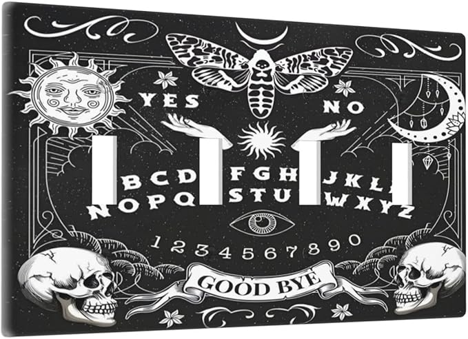 Black Witchy Skeleton Skull Gothic Sun Moon Light Switch Covers Quad Toggle Electrical Faceplate 4 Gang Wall Plate Decorative Switch Plates Cover for Bedroom Living Room Decor