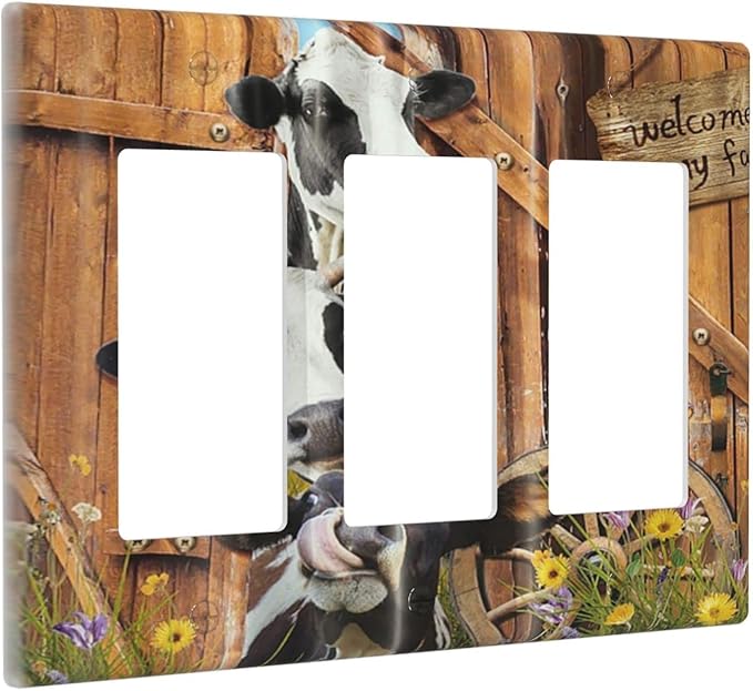 Decorative Switch Plate Covers Farm Cow Farmhouse Barn Door Rustic Vintage Wooden 3 Gang Triple Rocker Decora Light Switch Cover Country Wildlife Funny Outlet Wall Plate Electrical Faceplate GFCI