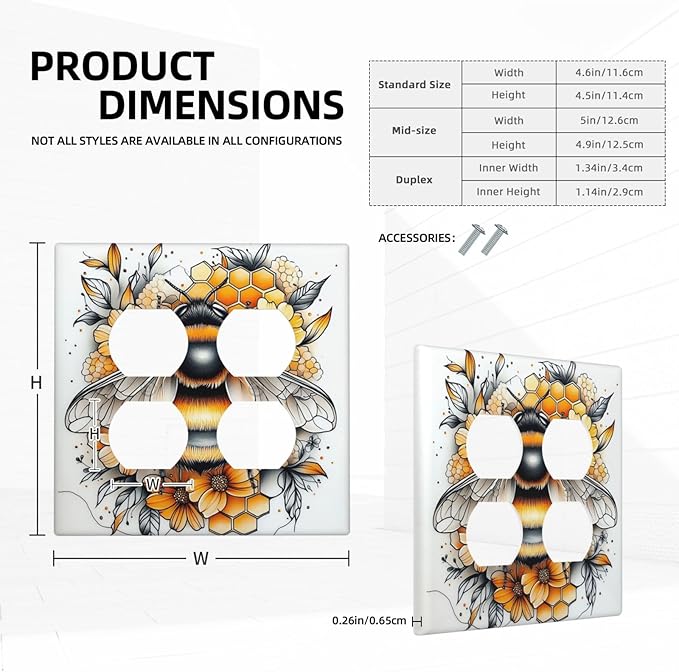 Outlet Covers Bee Honeycomb Flowers Plant Leaves 2 Gang Double Duplex Decorative Light Switch Covers Electrical Wallplates Socket Faceplate For Nursery Kids Room Decor