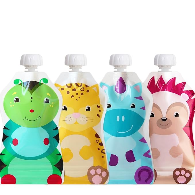 ChooMee Reusable Baby Food Pouches | BPA Free | Refillable Toddler Squeeze Pouches for Homemade Purees, Applesauce & Yogurt | Double Zipper, Easy Fill & Wide Bottom | 4CT, 5oz SnakPack FreshSquad