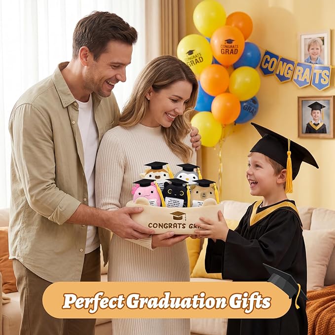 6 Pcs Emotional Support Plush Set,Graduation Stuffed Animal 2026 with Basket & Graduations Words,Cute Graduation Plush for Kids Men Women,Graduation Gifts for Kindergarten,High School College