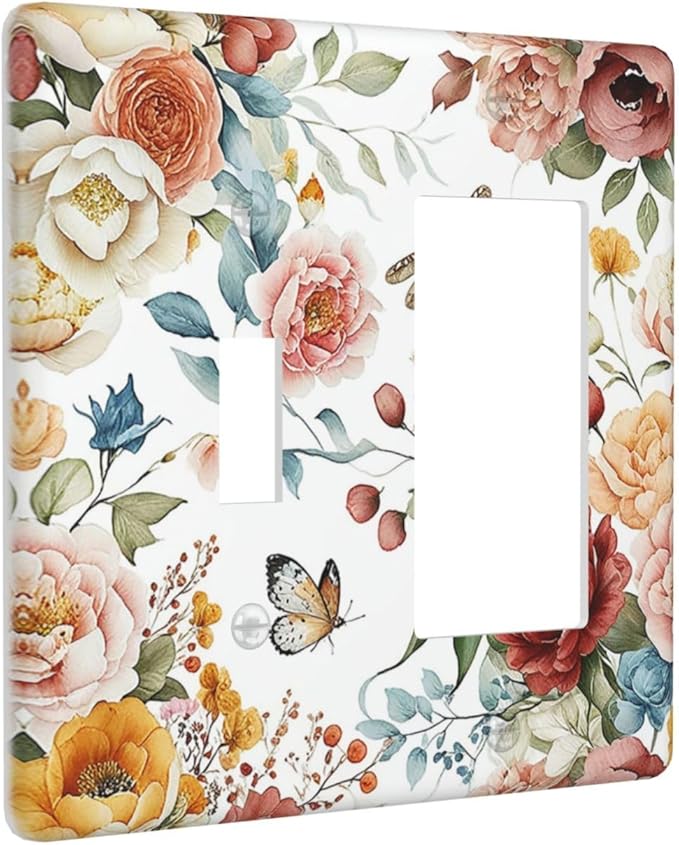 Rustic Style Colorful Peony Butterfly Dragonfly Outlet Covers 1 Toggle 1 Rocker Combination Electrical Switch Plates Light Switch Cover Plate Decorative Wall Plate for Bedroom Living Room Decor
