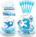 96Pcs Shark 3rd Birthday Party Supplies Blue Ocean Shark Plates and Napkins Under The Sea Tableware Set for Kids 3 Years Old Blue Ocean Theme Birthday Party Supplies，Serves 24