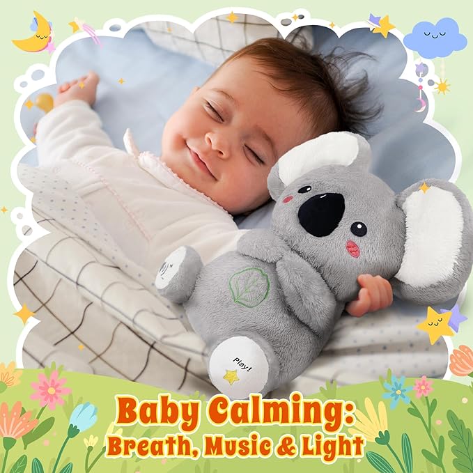 BRICHOEE Breathing Stuffed Animal, Soothing Koala Stuffed Animal with Moving Ears, Breathing Motion, Calming Sound and Light for Baby Sleep Companion Portable Plush Toy Gifts for Kids Adults Newborns