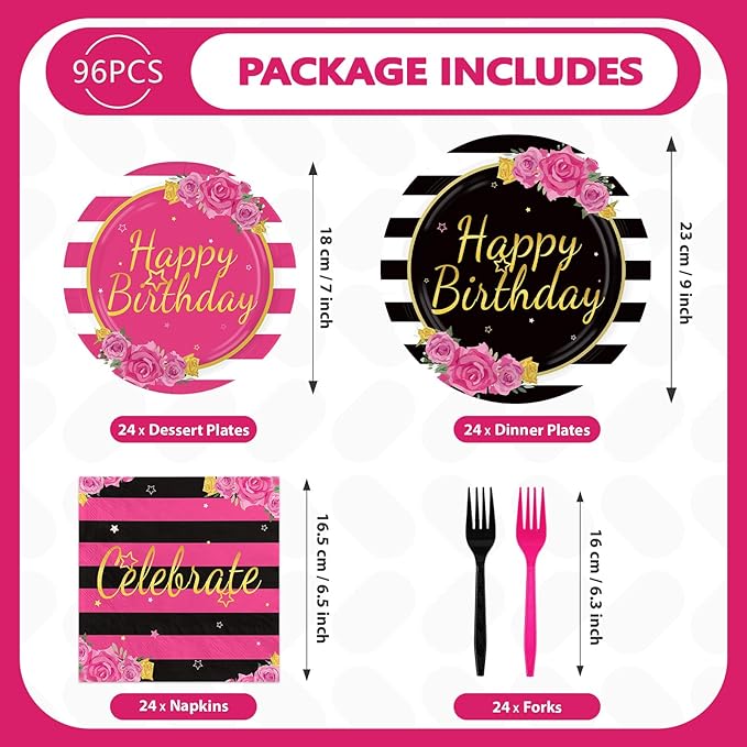 96Pcs Black and Pink Birthday Party Supplies Happy Birthday Plates and Napkins Hot Pink Rose Black White Stripe Tableware Set for Girls Women Couple Birthdays Party Supplies Serves 24