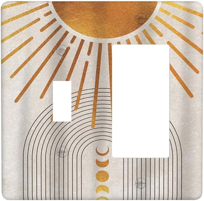 Mid Century Gold Sun Abstract Arch Boho Moon 2 Gang Single Toggle Rocker Combination Light Switch Cover Unique Decorative Wall Plate Cover Electrical Faceplate Switchplate for Bedroom Decor
