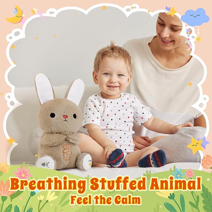 BRICHOEE Breathing Stuffed Animal, Soothing Bunny Stuffed Animal with Moving Ears, Breathing Motion, Calming Sound and Light for Baby Sleep Companion Plush Toy Easter Gifts for Kids Adults Newborns