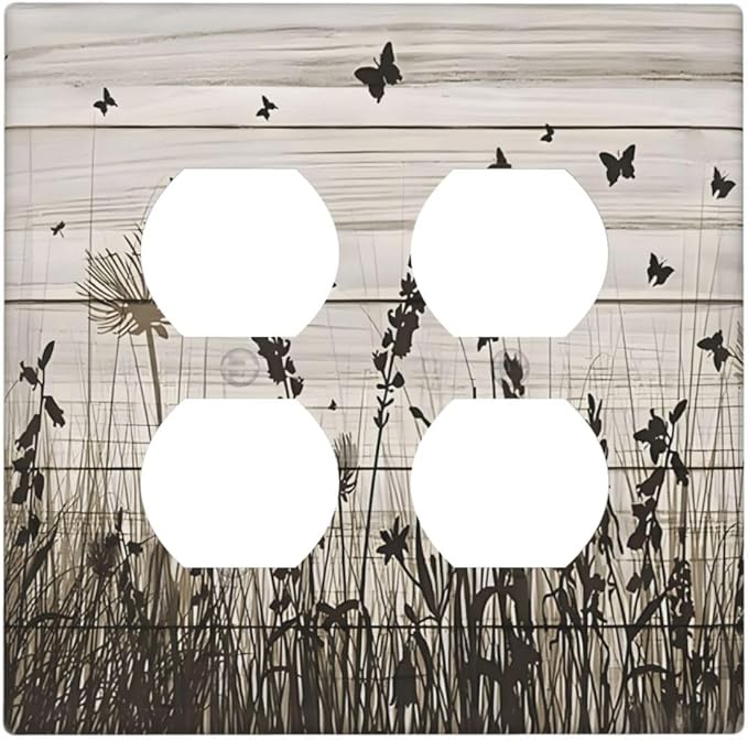 Wildflower Butterfly Grass Dandelion Vintage Wooden Print Outlet Covers 2 Gang Double Duplex Decorative Light Switch Covers Electrical Wallplates Socket Faceplate for Farmhouse Home Decor