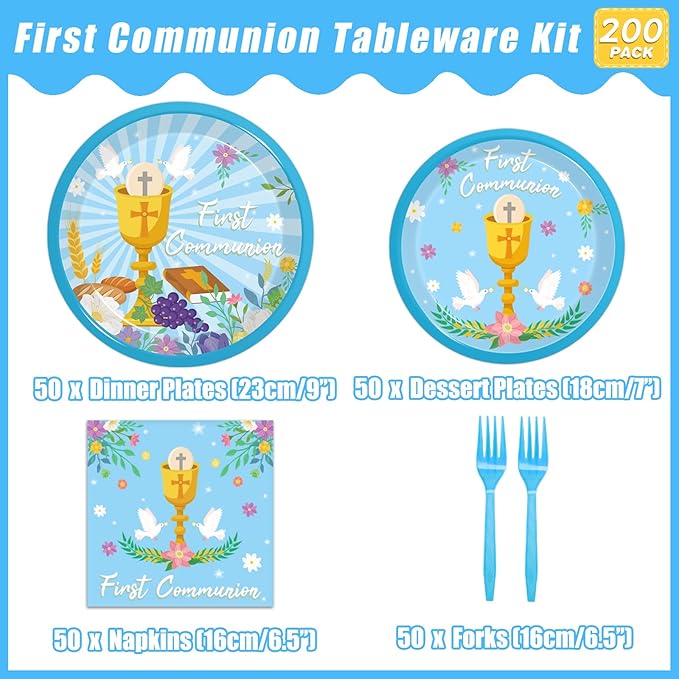 200Pcs Blue Baptism Plates and Napkins, First Holy Communion Party Decorations Supplies for Boys God Bless Christening Celebration Party Baby Shower Disposable Tableware Set, Serves 50