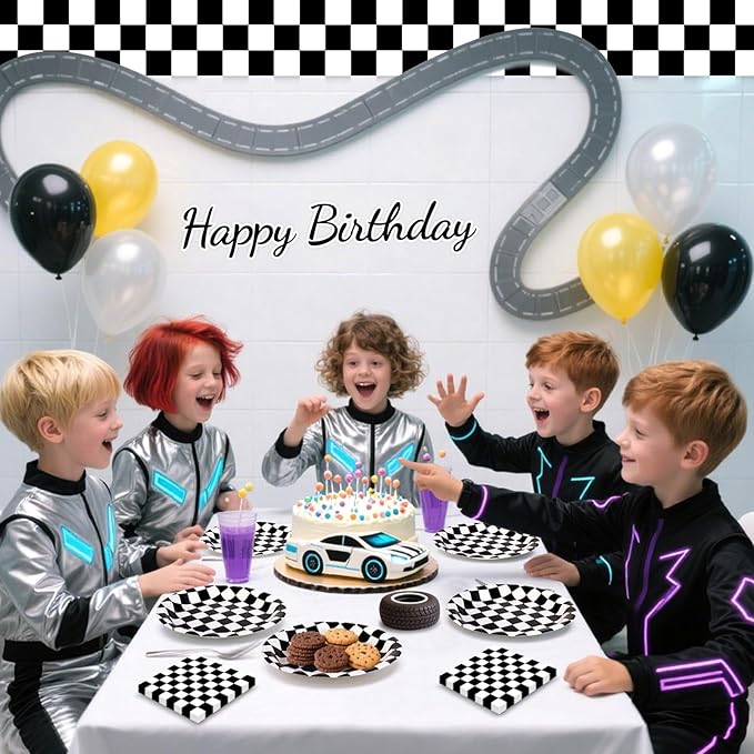 40 Pcs Race Car Plates and and Napkins - Black and White Checkered Birthday Decorations Tableware, Racing Cars Dinner Dessert Paper Plates Checkered Flag Napkins Set for Race Car Sport Party Supplies