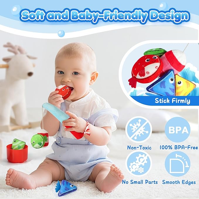 Montessori Toys for 1 Year Old Boy Girl Birthday Gift, 17 in 1 Cloth Fishing Game with Stacking Cups, Color Sorting, Shape Matching, Early Learning, Toddler Toys Gifts for 1 2 Years Old Boy Girl