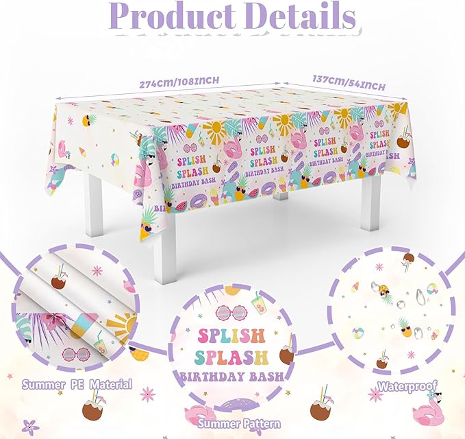 MEHOFOND Splish Splash Birthday Party Supplies Tableware Set 193 Pcs, Summer Pool Party Disposable Plates Cups Napkins Cutlery with Plastic Tablecloth for Girls Tropical Birthday Party
