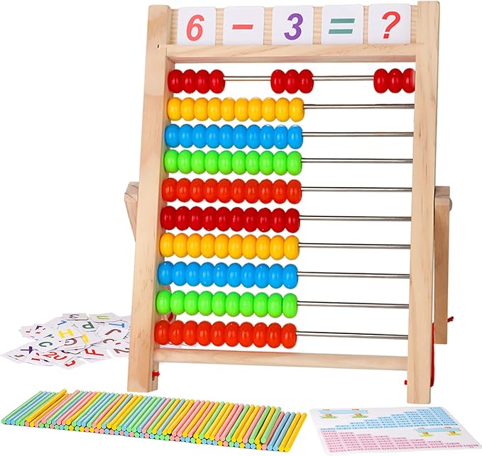 WOODMAM Wooden Abacus for Kids Math, Educational Counting Toy with Counting Sticks and Number Alphabet Cards, Preschool Learning Toys Gift for Boys Girls Age 3+ Years Old