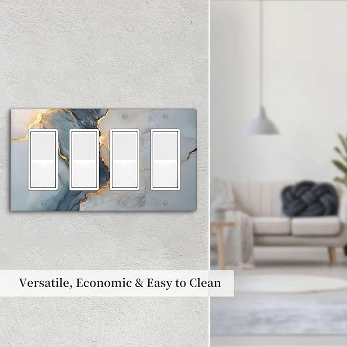 Abstract Blue Granite Luxury Texture Print 4 Gang Light Switch Cover Quad Rocker Outlet Covers Switchplates Wall Plate Decorative Electrical Faceplate for Bedroom Kitchen Living Room Decor
