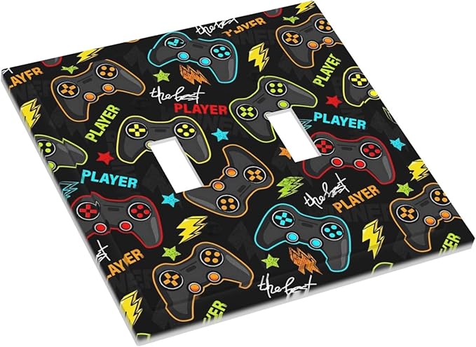 Kid Boys Gamer Gaming Game 2 Gang Double Toggle Light Switch Cover Electric Wall Plate Electrical Faceplate for Bathroom Home Living Room Jumbo Size Decor